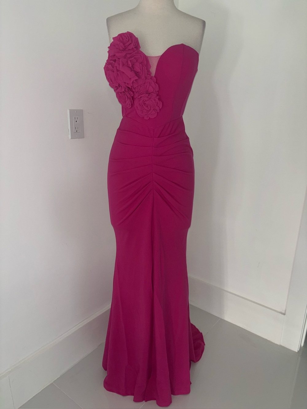 Strapless Fuchsia Floral Appliqué Evening Dress #232